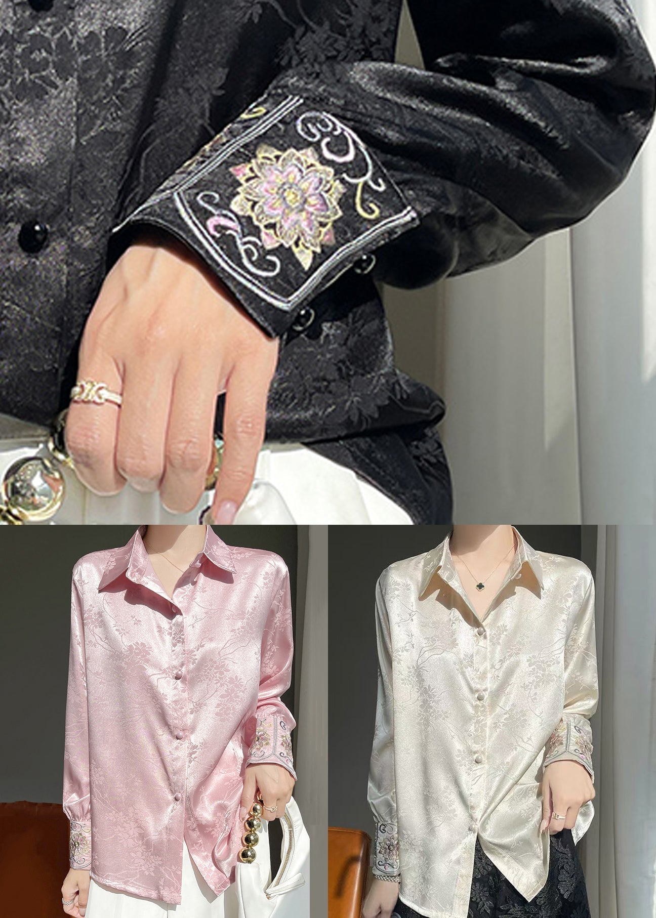 Pan Peter Shirt Button Silk Collar Black Print Fall