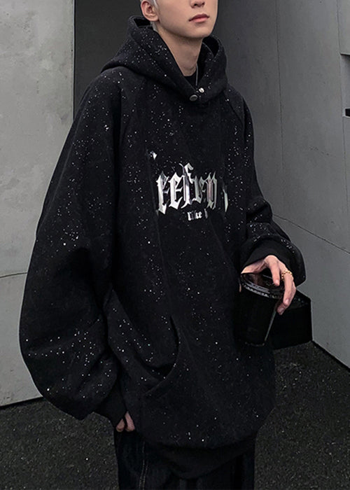 Cotton Pockets Spring Men Sequins Black Sweatshirt Hooded Print