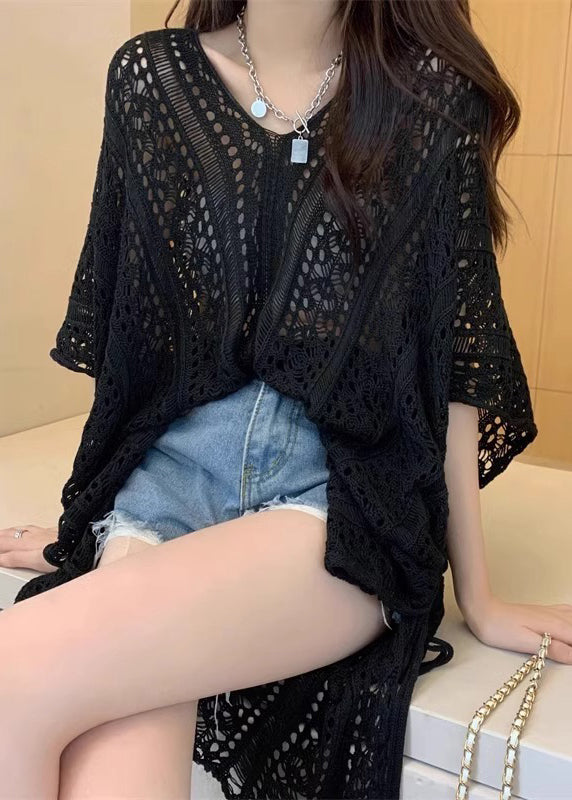 Open Summer Cinched Side Top Out Black Hollow Knit