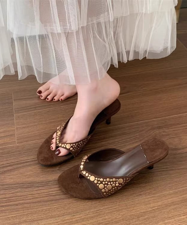 High Splicing Heel Black Suede Rivet Flops Flip