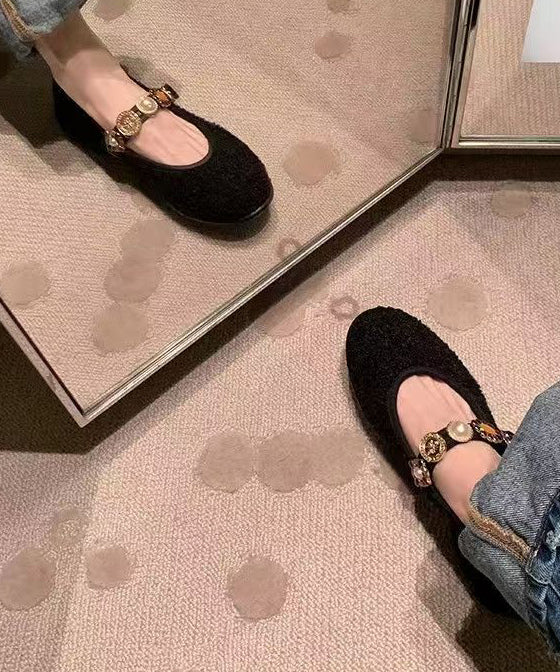 Women Buckle Black Strap Splicing Flat Woolen Shoes