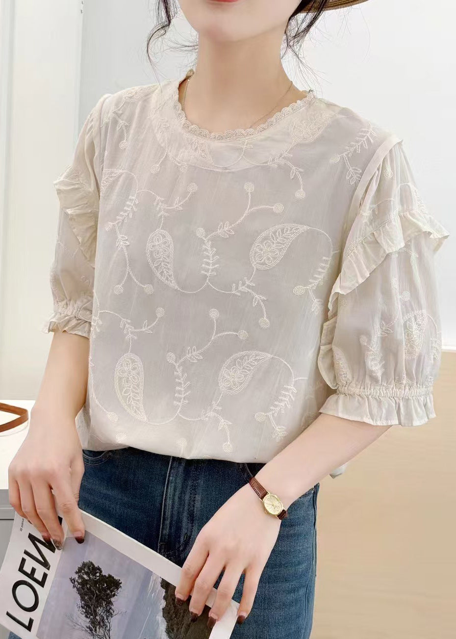 Beige Bohemian Tanks Embroideried Summer Cotton