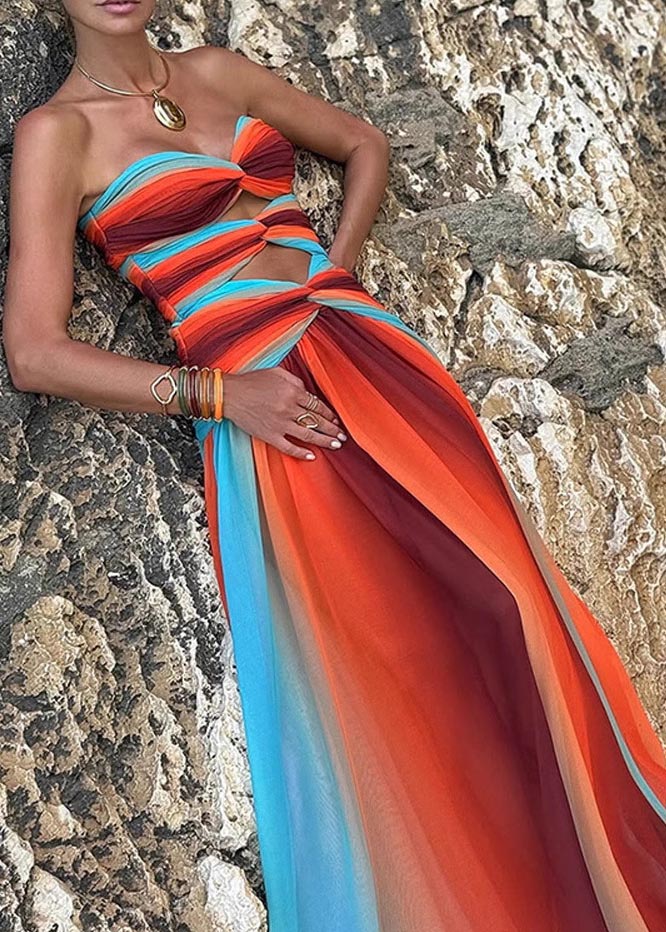 Hem Bohemian Large Exra Color Gradient Strapless Dress Chiffon