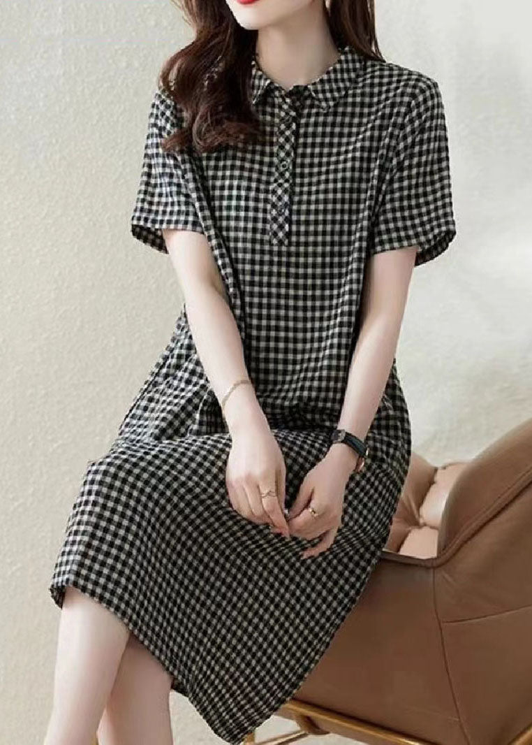 Dress Collar Summer Linen Plaid Bohemian Peter Grey Vacation Pan