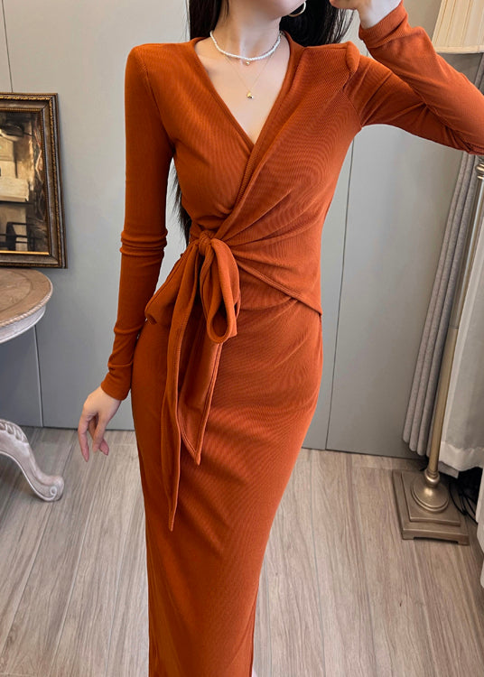 Long Open Waist Dress Orange Knit Tie Bohemian Side
