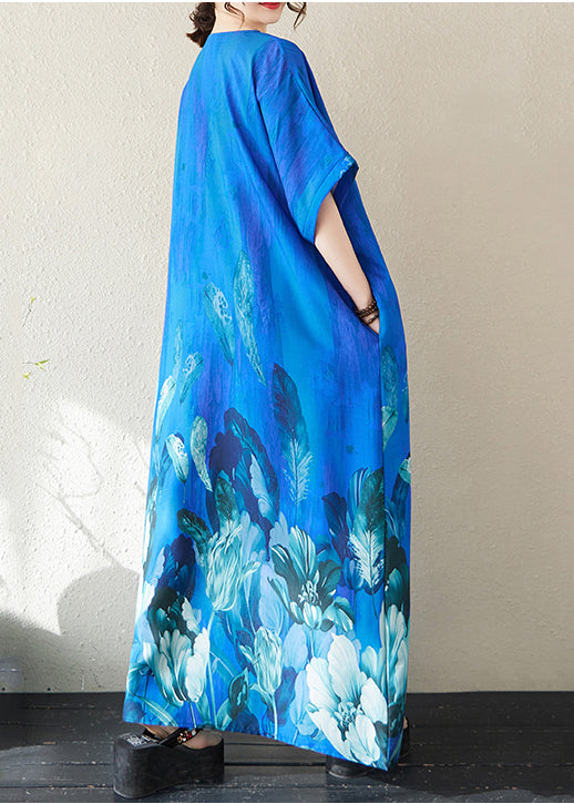 Holiday Dress Summer Bohemian Peacock Print Blue Oversized