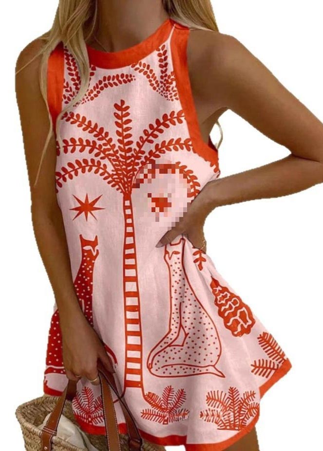 Linen Bohemian Sleeveless A Print Line Dress Mini