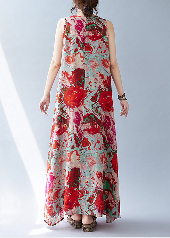 Oversized Holiday Bohemian Cotton Dress Red Sleeveless Print