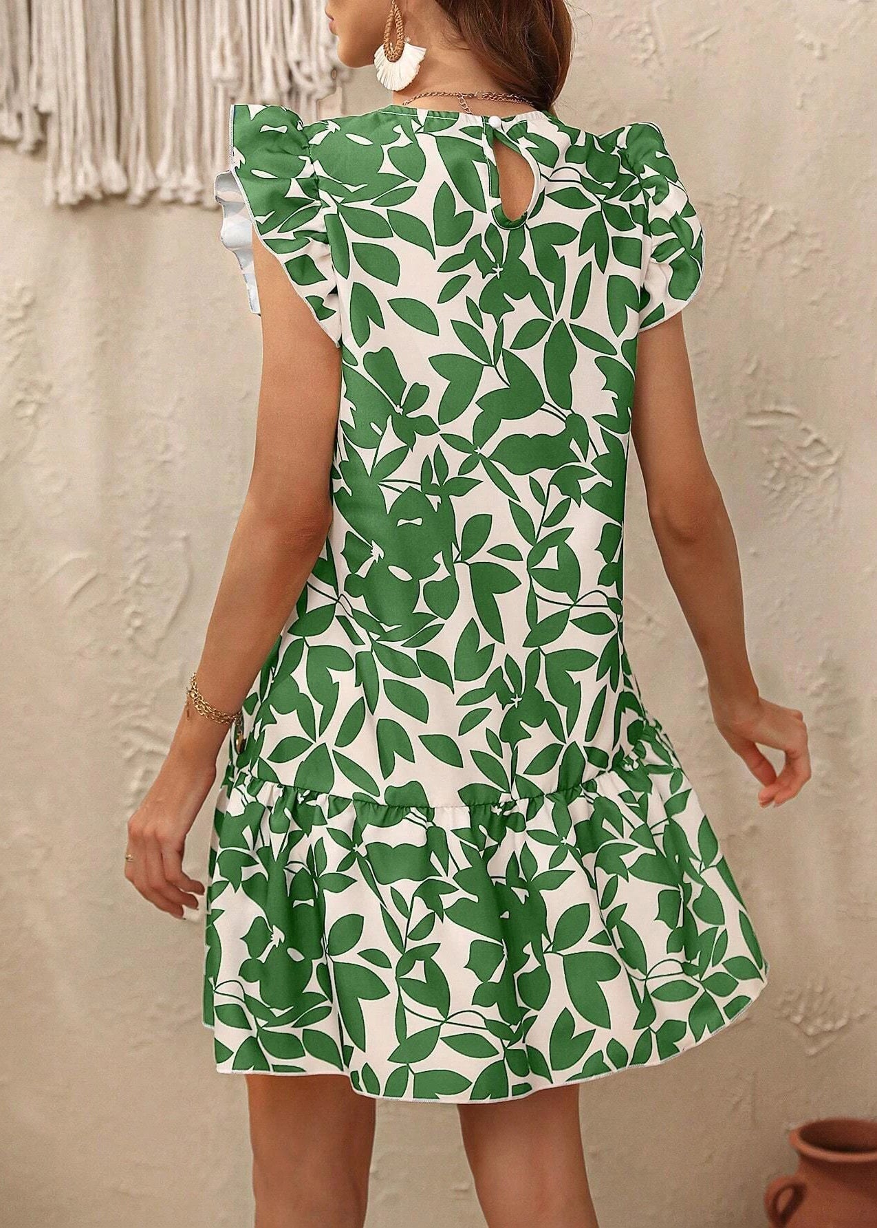 Rose Cotton Bohemian Neck Sleeve Mid Print Dress Butterfly O