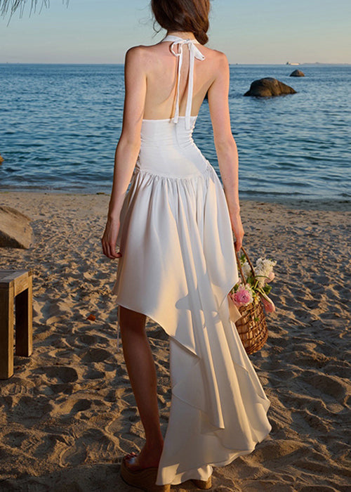 Backless Low White High Bohemian Design Sleeveless Dress Vacation