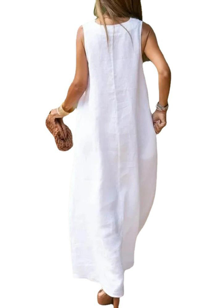 Bohemian White V Neck Cotton A Line Dress Sleeveless TL013