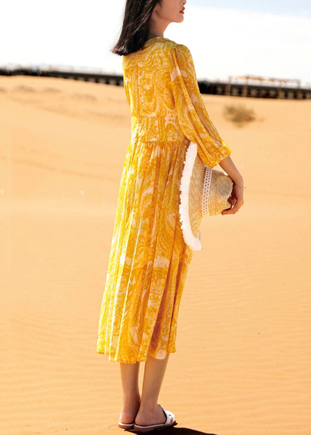 Long Fall Yellow Chiffon Dresses Bohemian Neck Print V