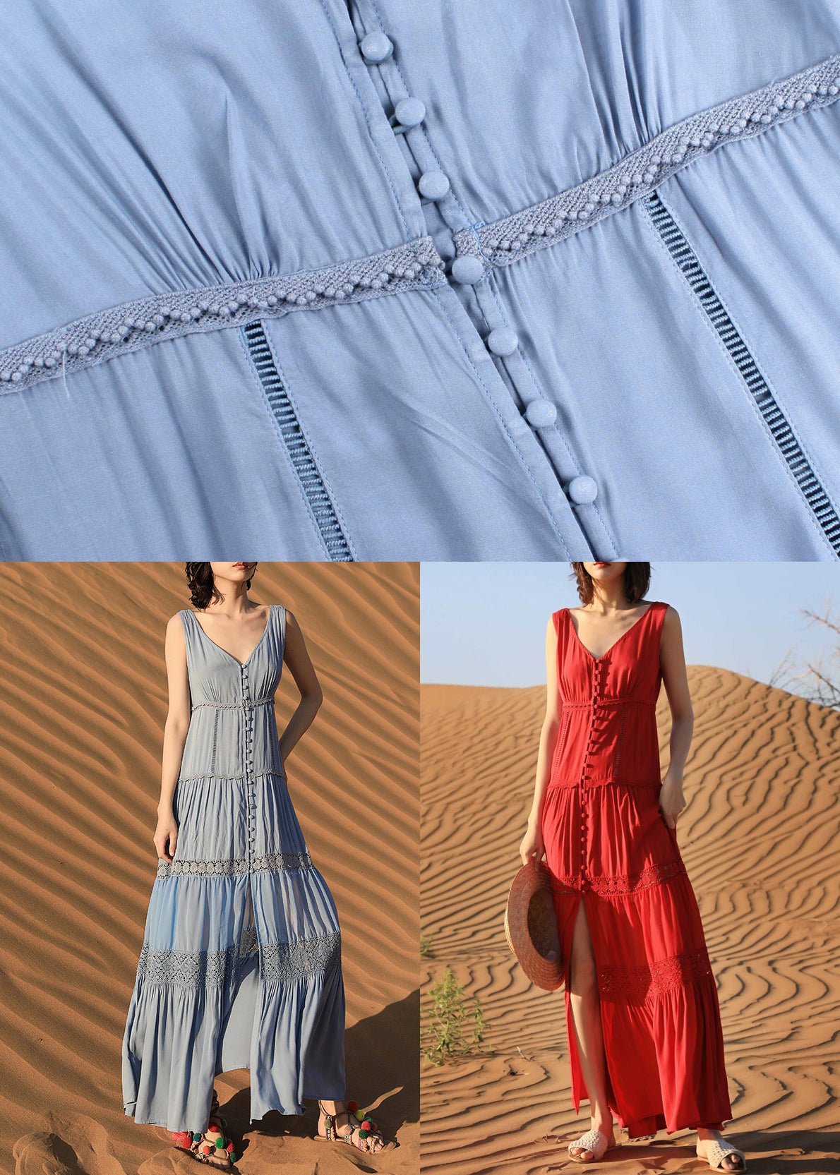 Long Dress Boho Button Blue Sleeveless Out Hollow Cotton