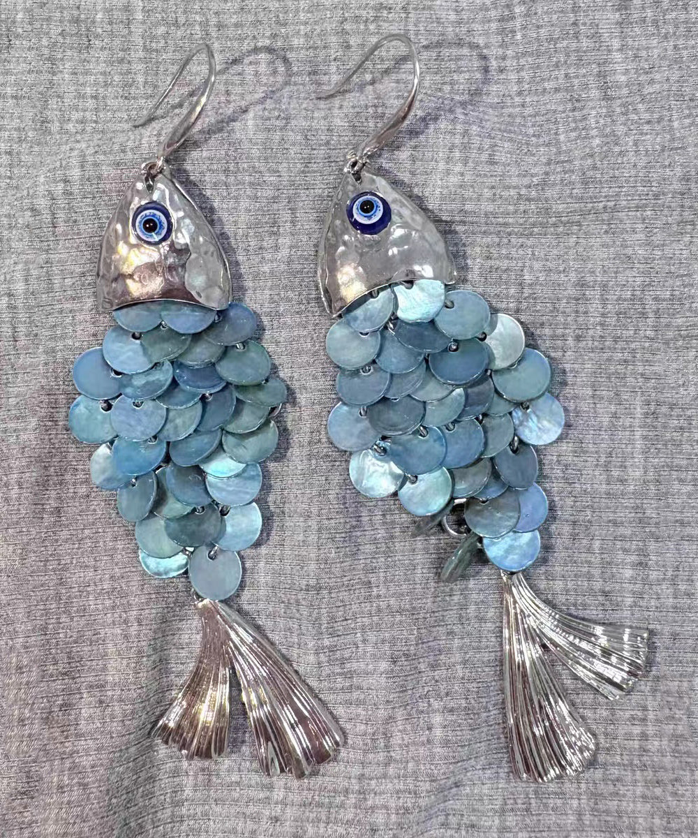 Blue Tassel Fish Weave Drop Earrings Boho Small Shell