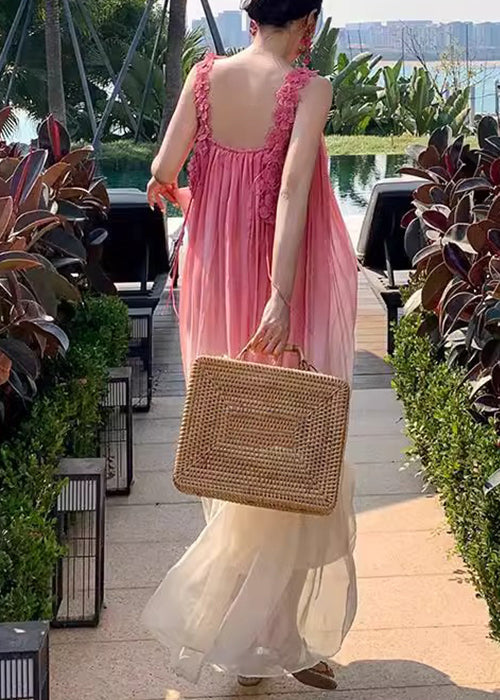 Gradient Wrinkled Boho Strap Dress Spaghetti Color Backless