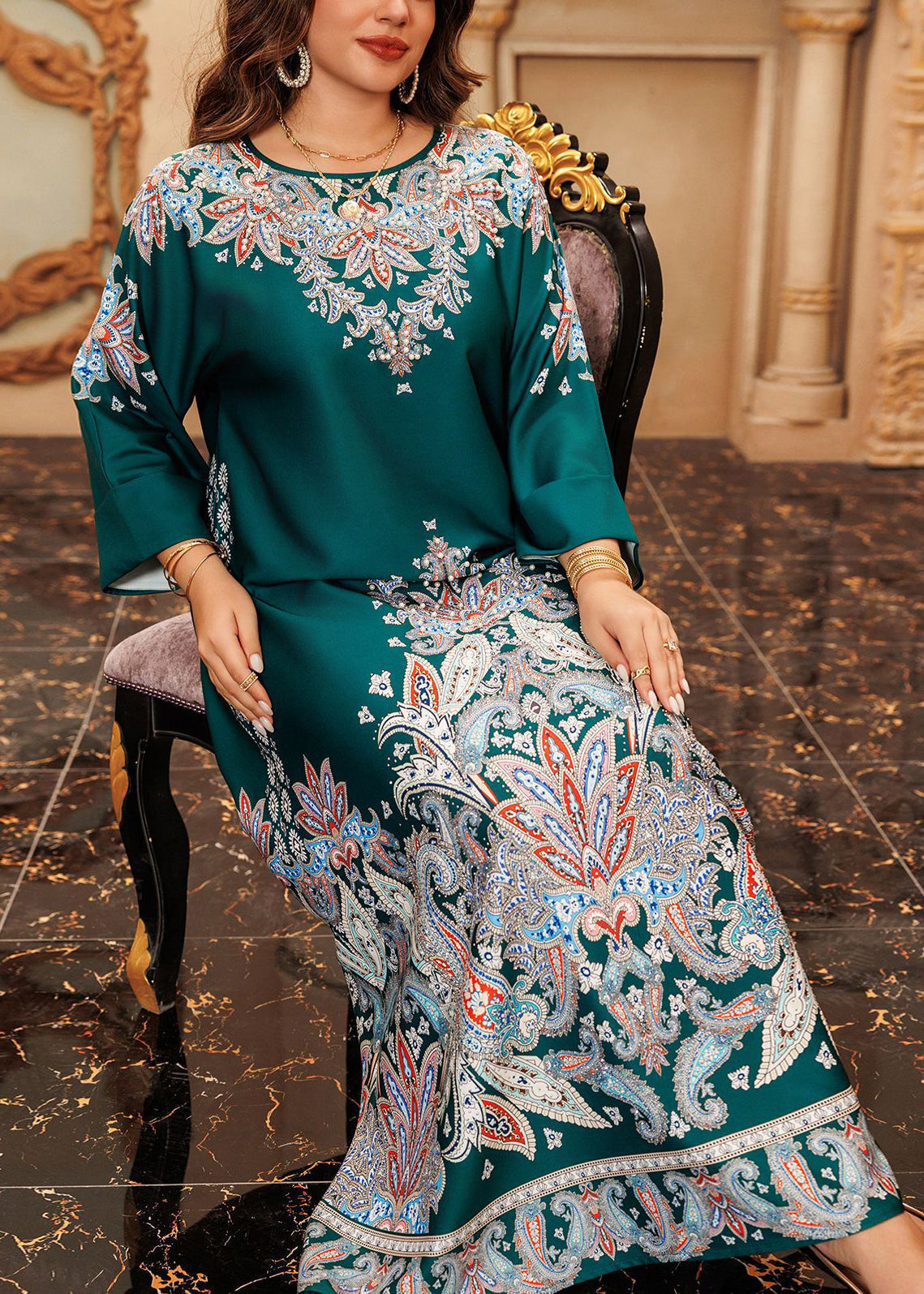 Boho Grünes O-Ausschnitt Print Baumwolle Langes Kleid Herbst WO046