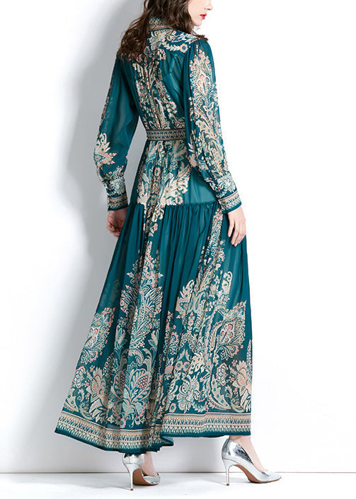 Boho Grün Stehkragen Print Krawatte Taille Chiffon Kleid Laterne Ärmel QR027