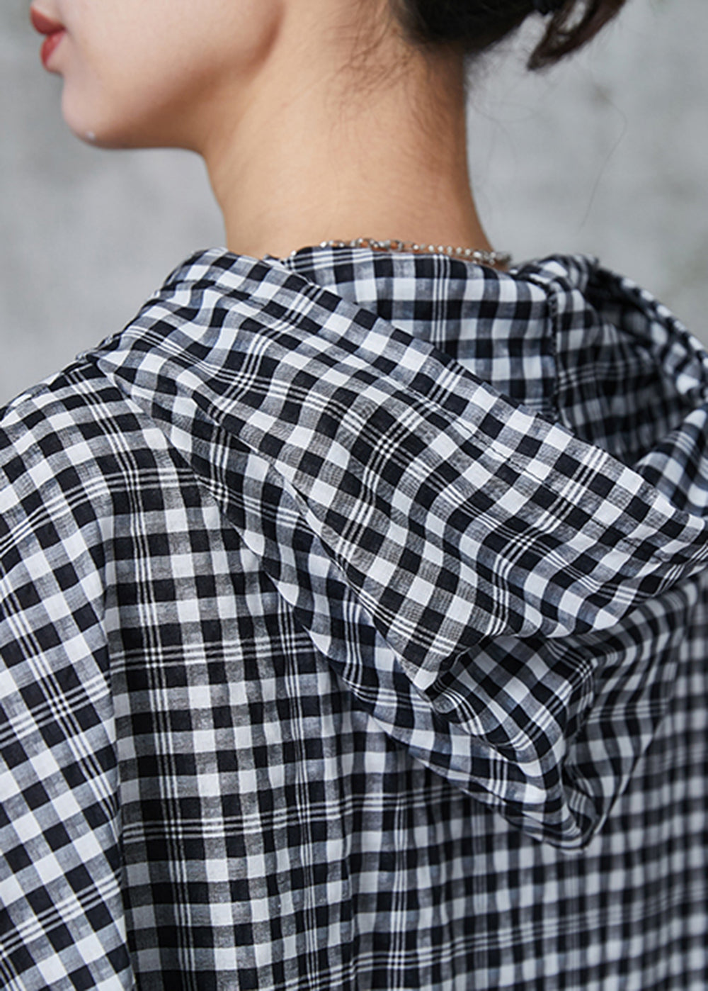 Boho Graues kariertes Leinen Longshirt mit Kapuze Sommer AL1018