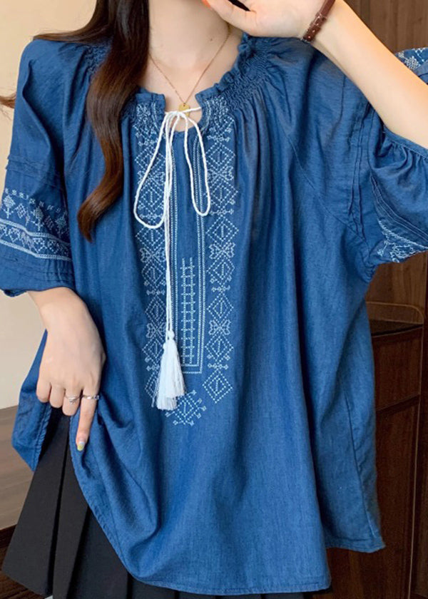 Cotton Sleeve Navy Embroidered Bracelet Ruffled Blouses Boho