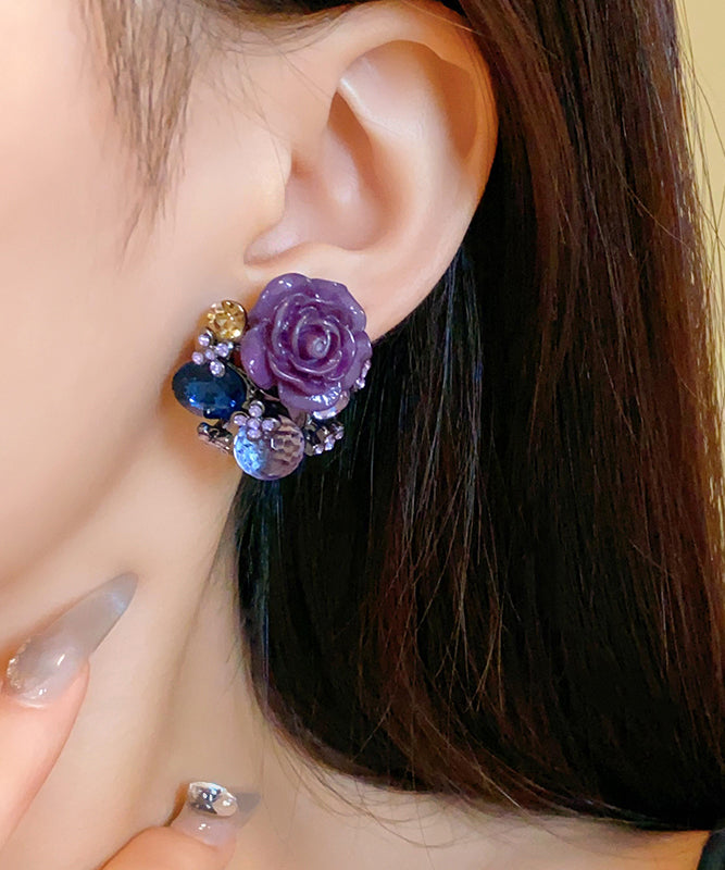 Boho Purple Alloy Zircon Resin Floral Glass Stud Earrings YZ012