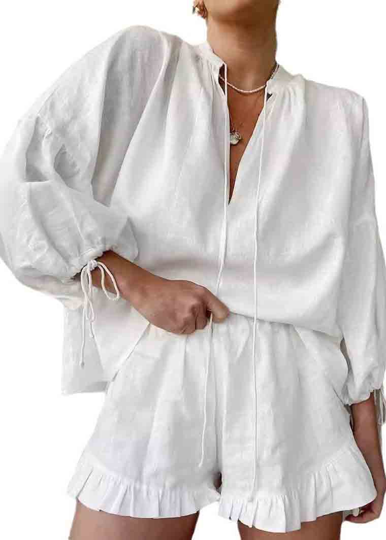 Sets Boho Ruffled Summer Women Oversized 2 Cotton White Pieces