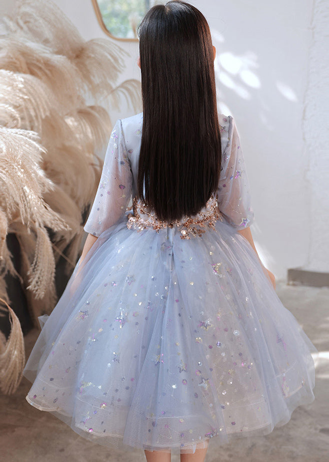 Boutique Blau O-Ausschnitt Pailletten Patchwork Tüll Kinder Langes Kleid Halbarm QV007