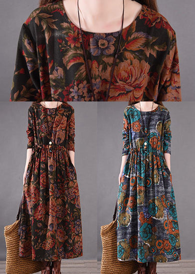 Cinched Holiday Print Dress Boutique Cotton Spring Brown