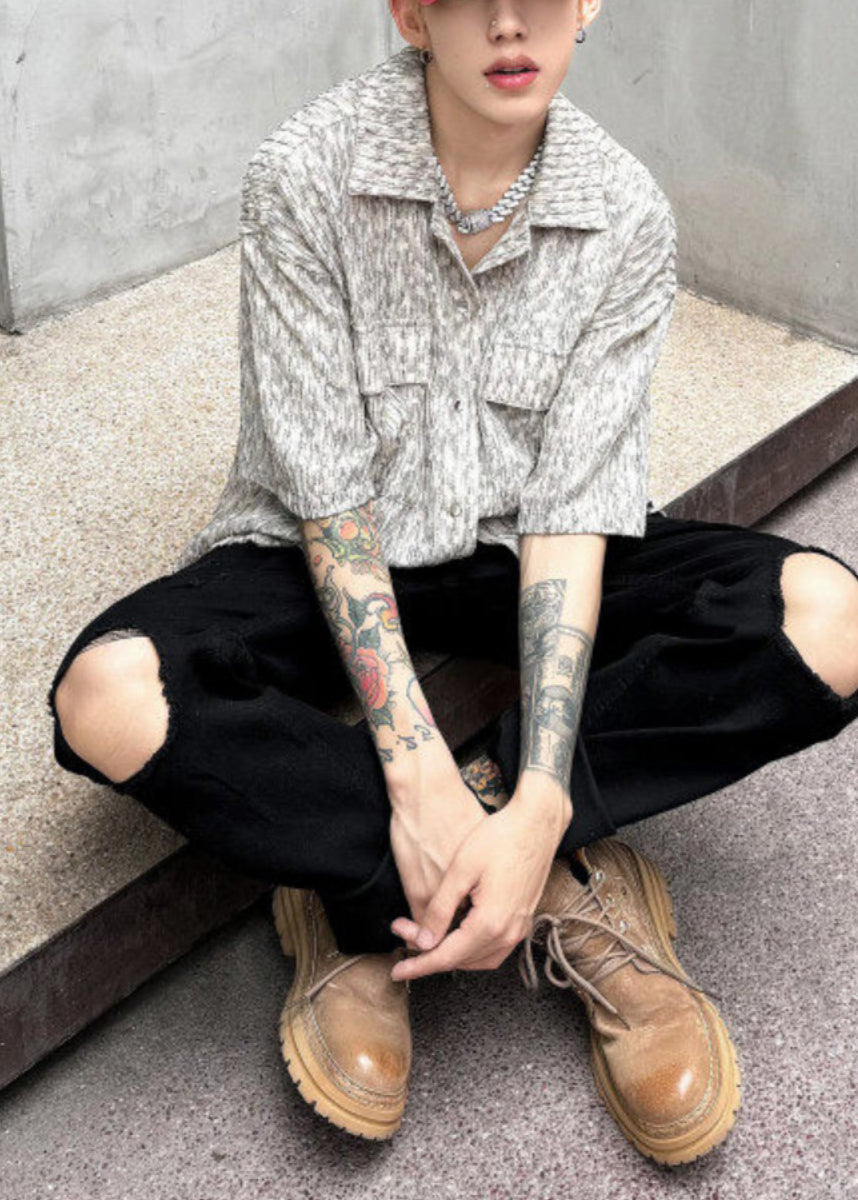 Boutique Grau Gestreifte Button Shirts Für Männer Kurzarm HG027