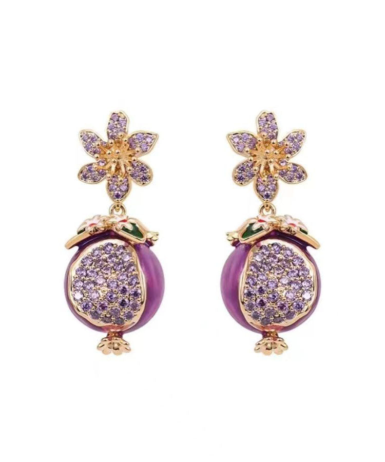 Boutique Purple Copper Zircon Drip Glaze Pomegranate Flower Drop Earrings WP015