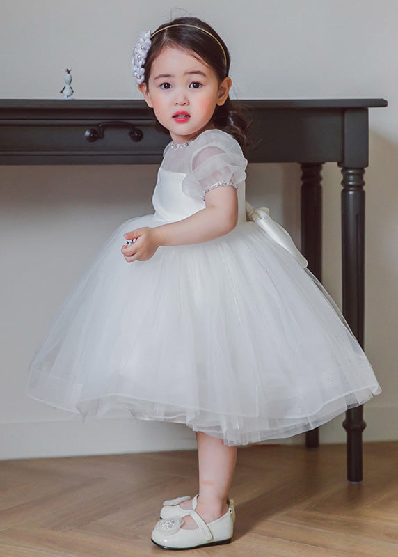 Brief White O-Neck Patchwork Tulle Girls Long Dress Summer YS036