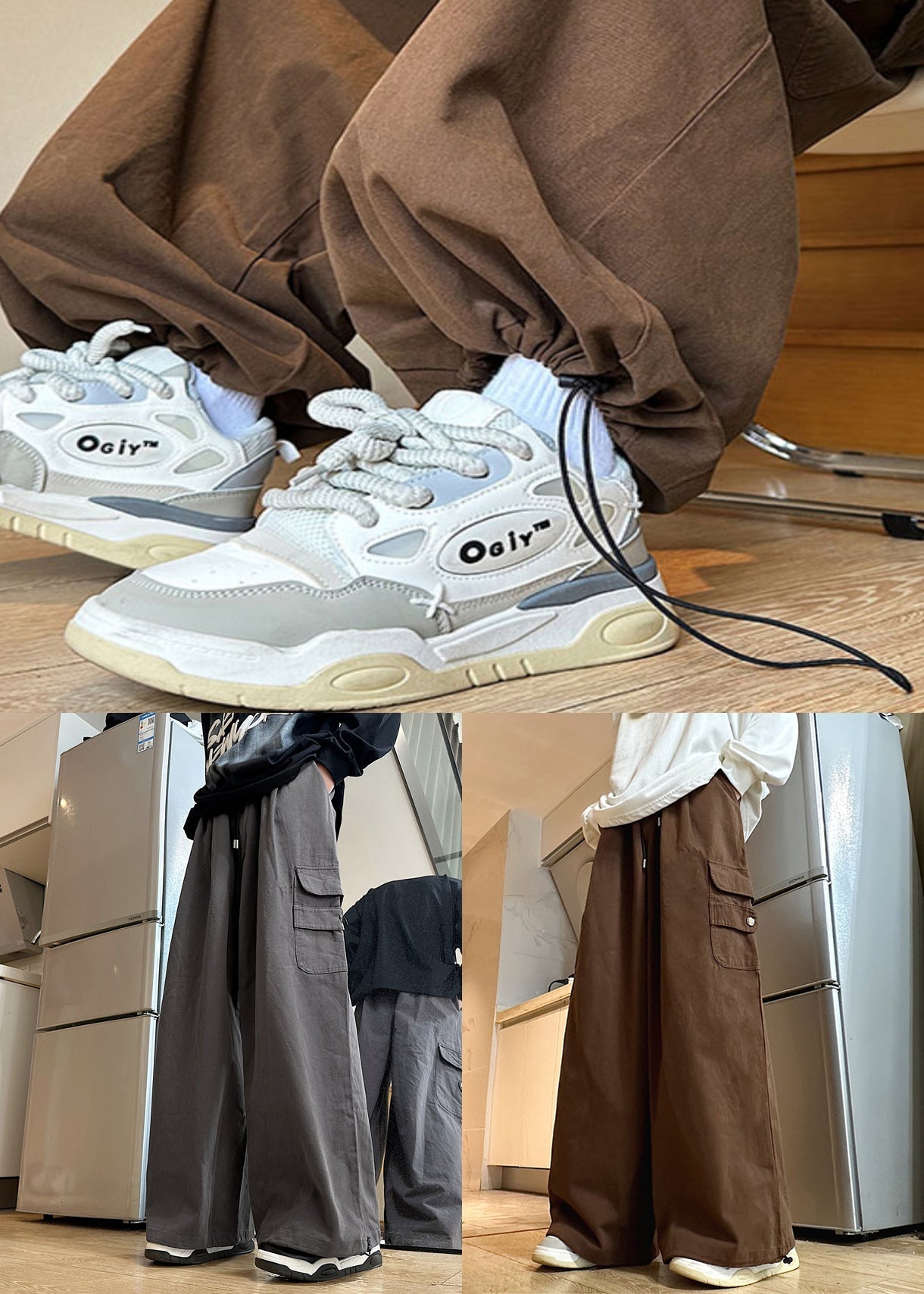 Pants Wide Leg Elastic Cotton Brown Waist Mens Drawstring Solid