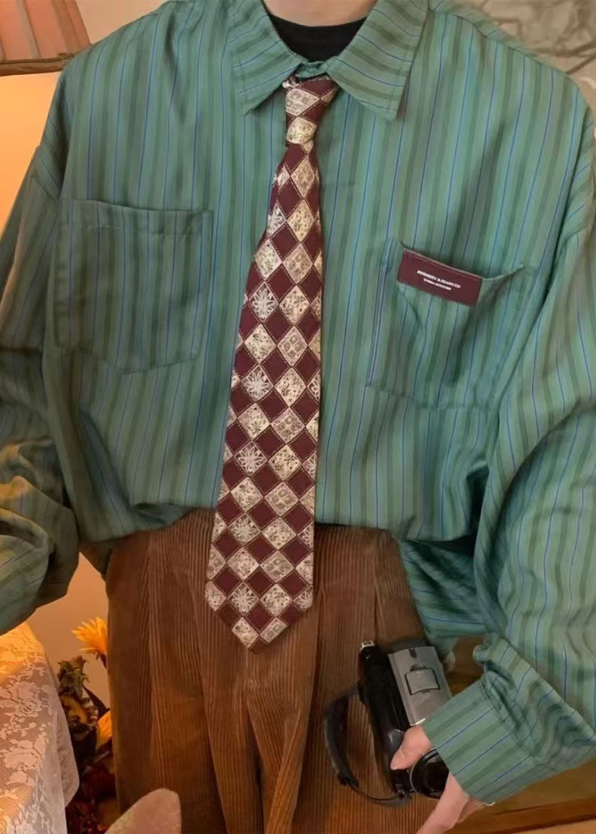 Collar Pockets Striped Oversized Apricot Cotton Peter Pan Casual