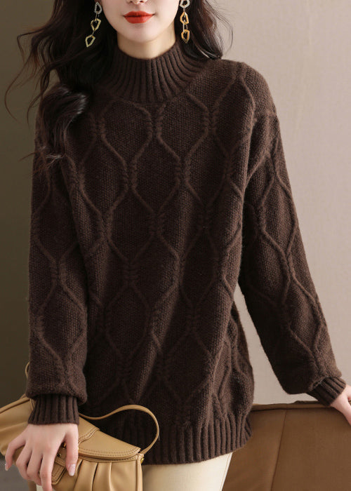 Pull en tricot épais à col mi-haut beige décontracté pour l'automne QL052