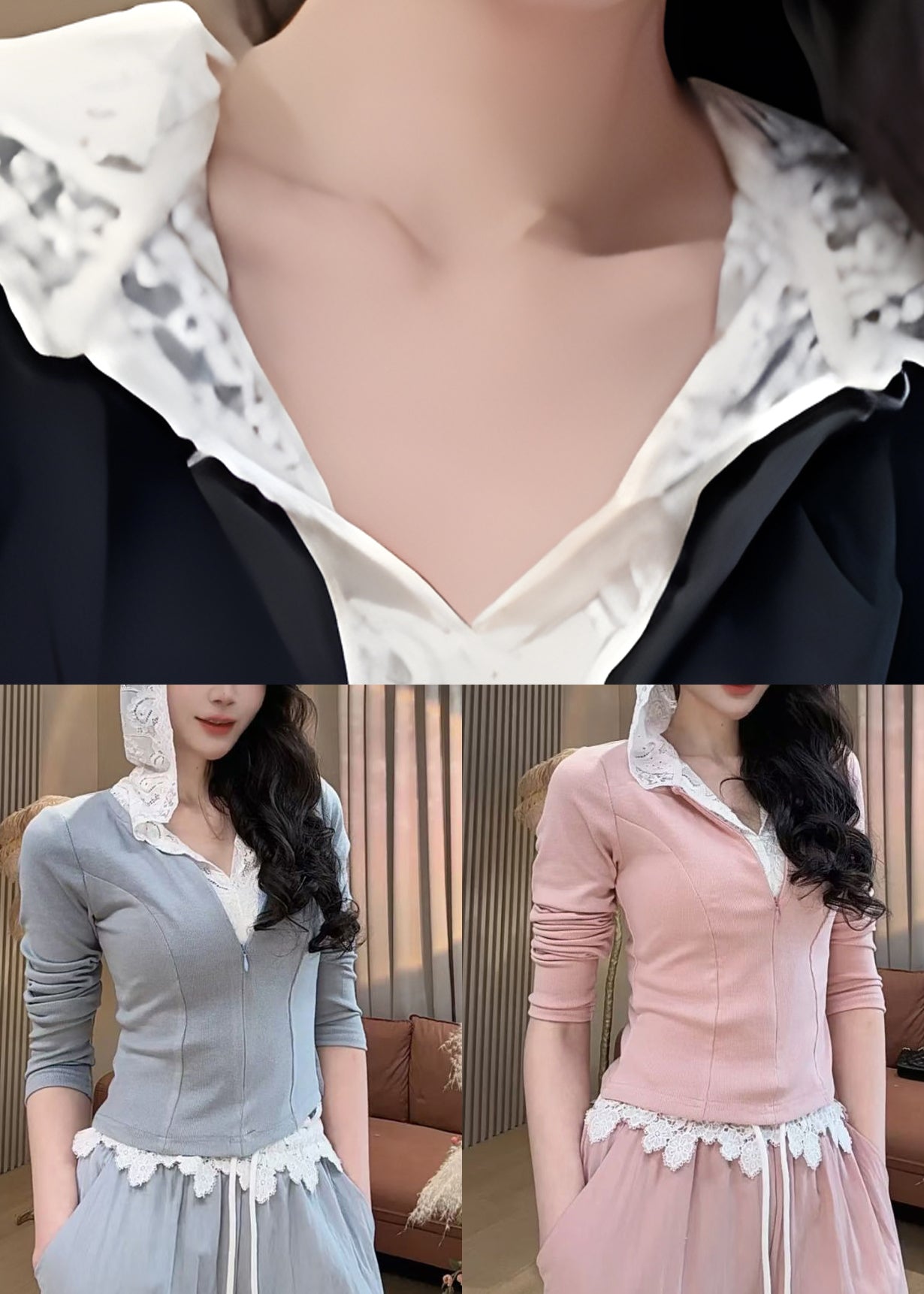 Hooded And Patchwork Pants Sweatshirt Lace Black Casual Straight