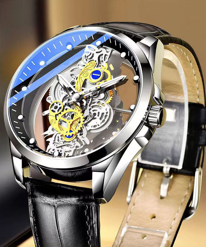 Machinery Out Hollow Leather Casual Black Watches Automatic Fully