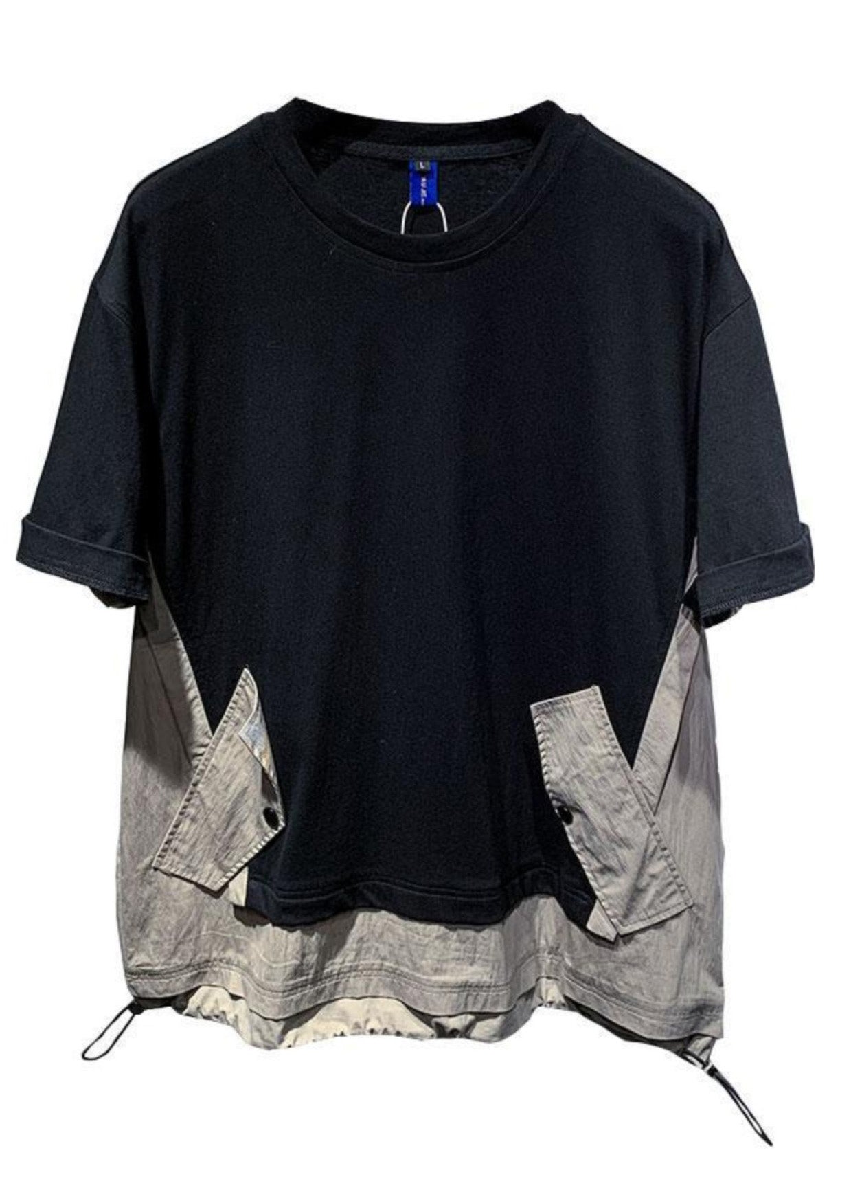 Patchwork T Cotton Black Casual Men Drawstring Oversized Shirt