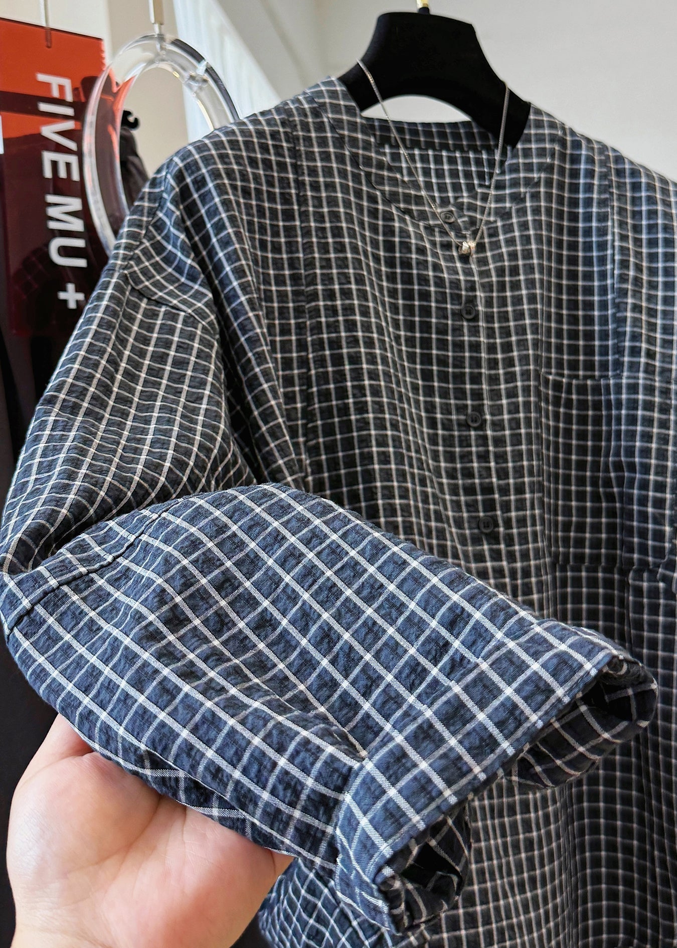 Shirt Plaid Fall Pockets Cotton Collar Top Casual Stand Black