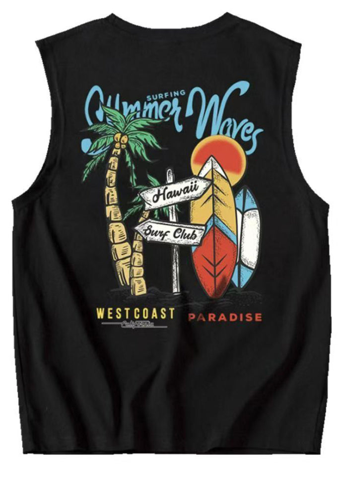 Cozy Black Men Graphic Print Cotton Tees Casual Sleeveless