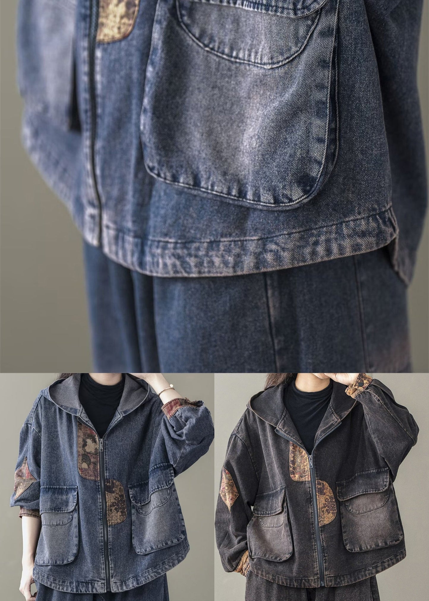 Blue Spring Patchwork Coats Casual Denim Hooded