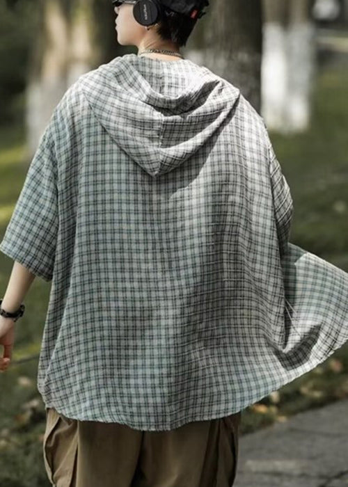 Button Casual Shirt Plaid Cotton Men Summer Blue Hooded