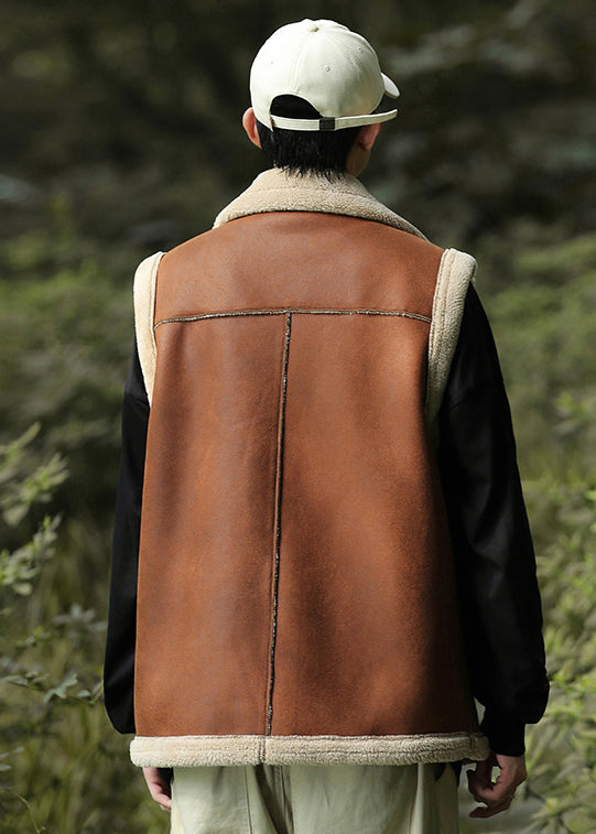 Casual Brown Zippered Warm Fleece Faux Suede Men Vests Spring TK017