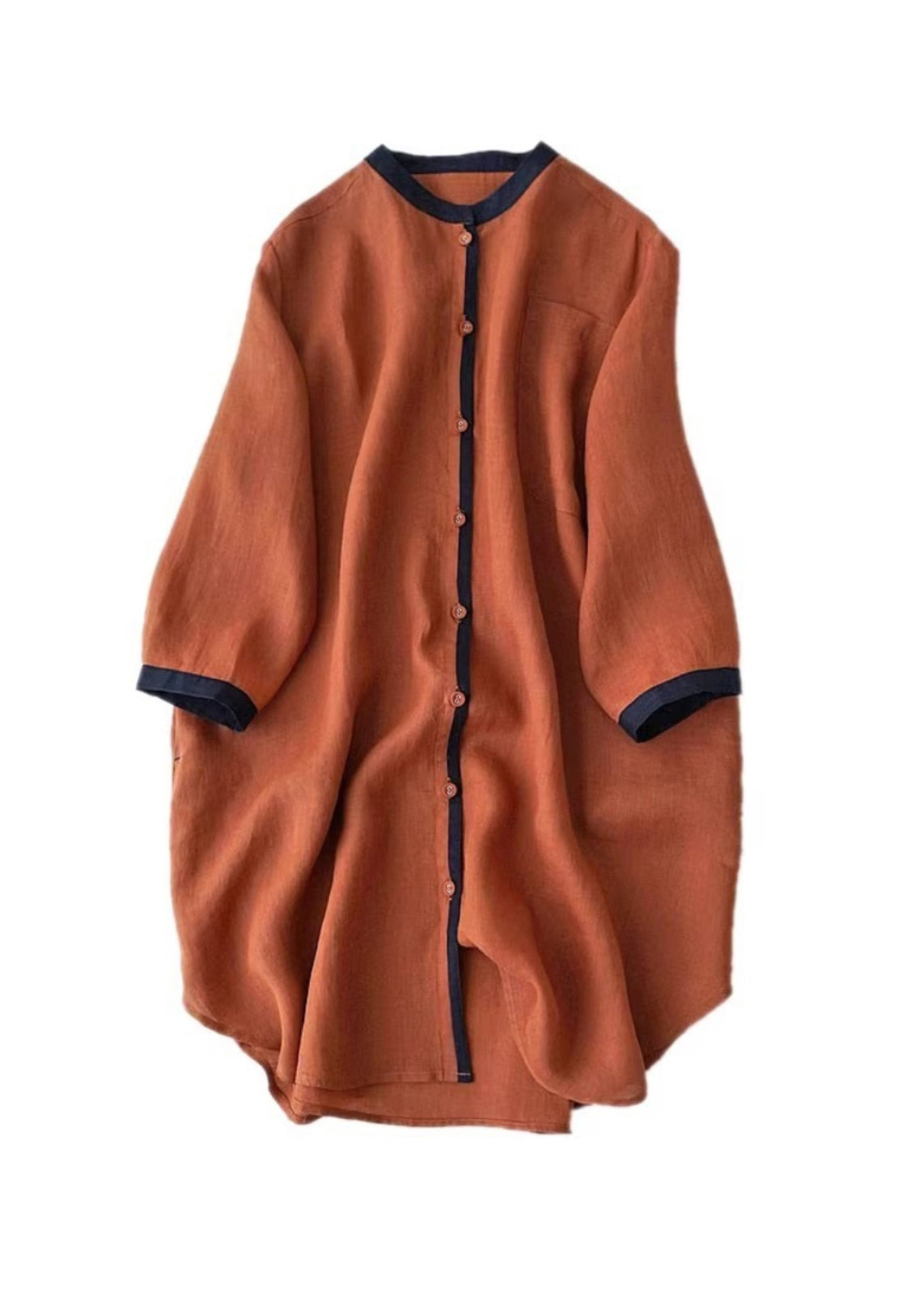 Casual Caramel Stand Collar Button Linen Shirt Tops Bracelet Sleeve TI029