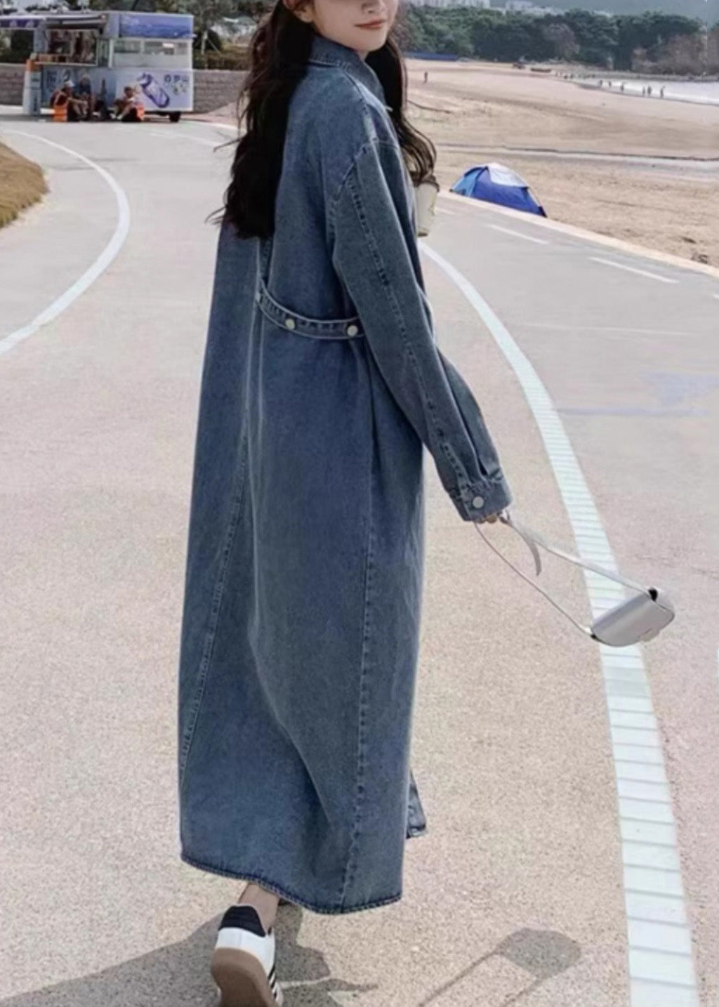Casual Denim Blue Peter Pan Collar Patchwork Button Long Dress Fall RP003