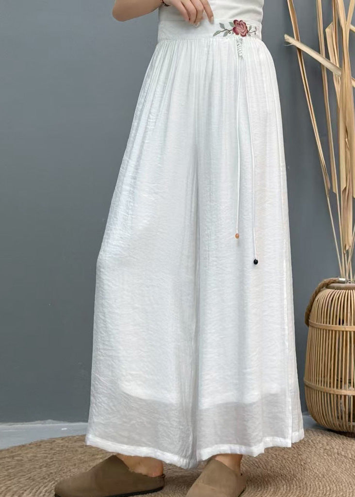 Wide Side Embroidered Summer Pants White Leg Linen Open Casual