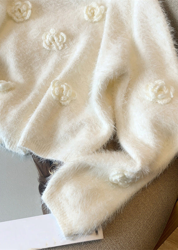 Lässiger weißer O-Ausschnitt Blumenmuster Nerzhaar Strickpullover Winter WR033