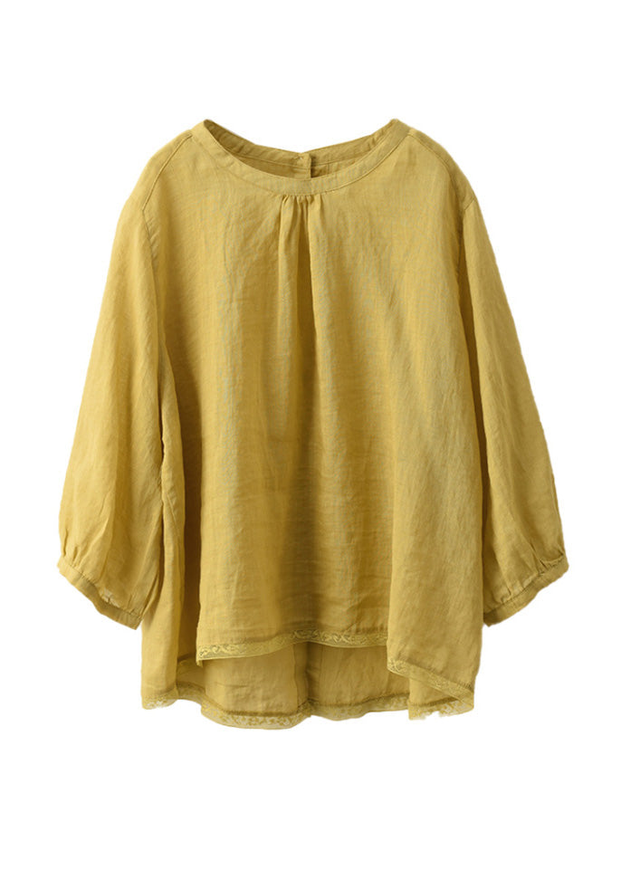 Top O Neck Linen Summer Patchwork Blouse Yellow Casual