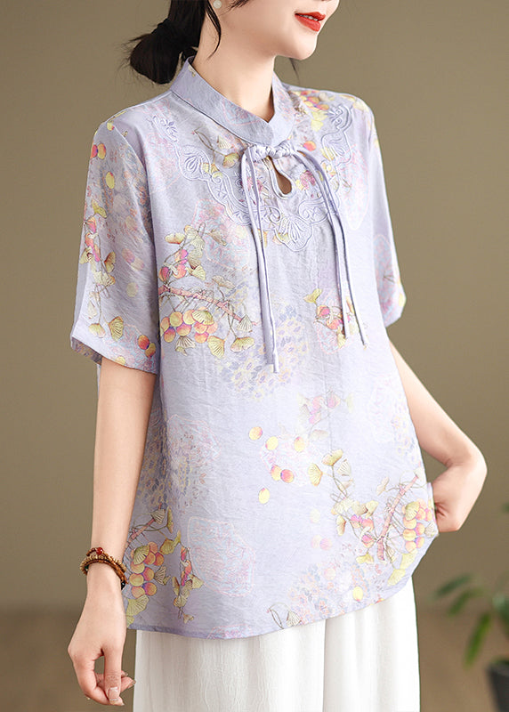 Casual Yellow Tasseled Print Linen Blouses Summer TM042
