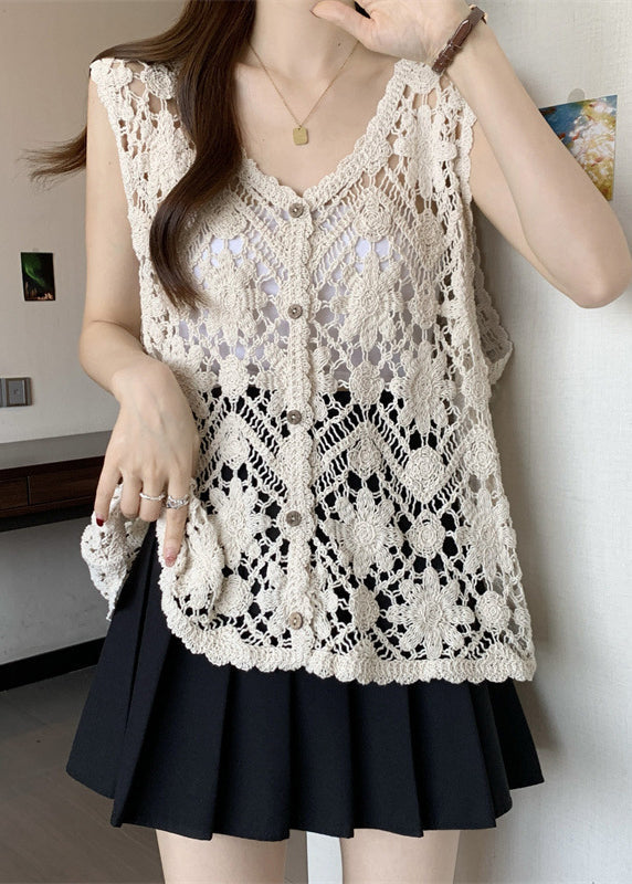 Out V Sleeveless Chic Apricot Vest Neck Hollow Knit