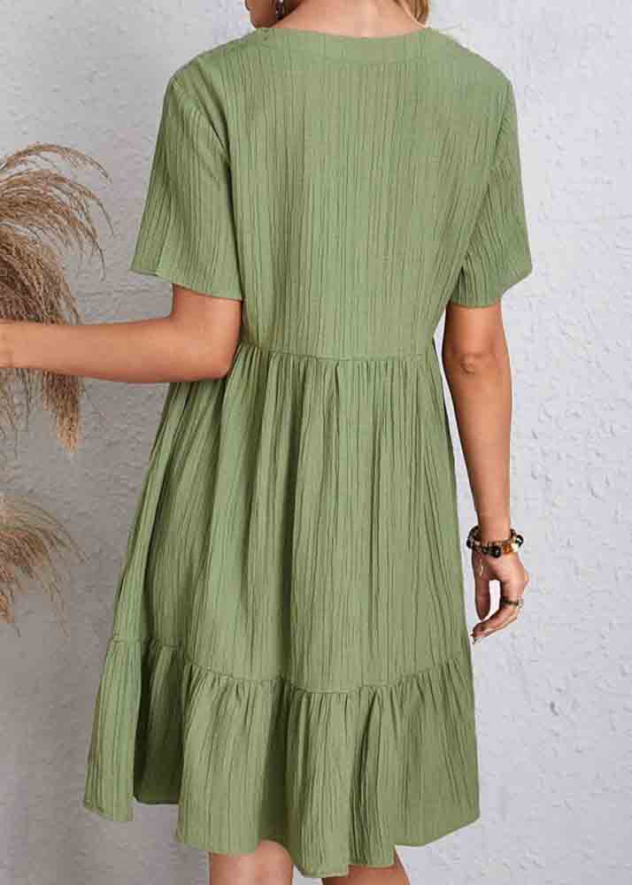 V Army Green Cotton Chic Patchwork Neck Day Dress Summer