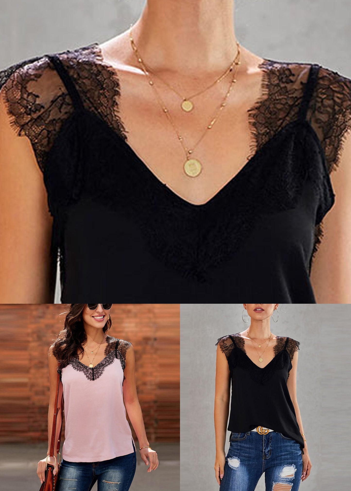 Summer Vests Black Patchwork Chic Lace